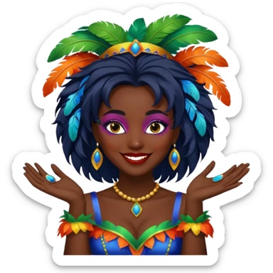 i need the same girl in "dark skin girl, dark red lipstick, nails very beautiful" to be smiling in "carnival mas costume, blue, green and orange preferably, full costume feathers at the back" she is to be smiling, hair should be dark shoulder length, black nail polish on her fingers  sticker