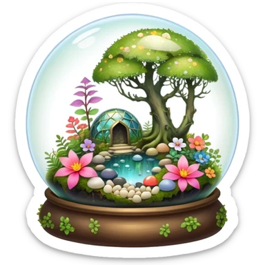 Sparkly shiny iridescent Mystical woodland glass-dome-terrarium-globe with moss inside, with marbles, with pebbles, crystals, with bones inside, and flowers inside  sticker