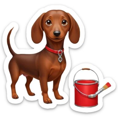 Brown dachshund with high heels on, walking on a busy NYC street, holding a red paint can and paint brush. sticker