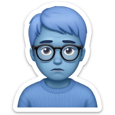 Blue sad face emoji with glasses wearing sweater sticker