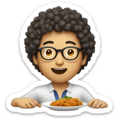 Asian man with round glasses and natural perm eating chicken sticker