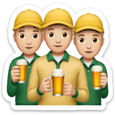 16 men on a golf trip wearing yellow golf caps all holding a beer can with a Xmas style label. Has to be 16 of them. sticker