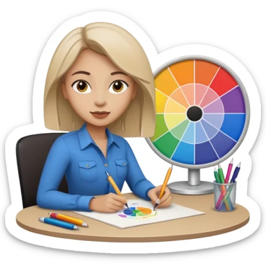 female graphic designer , color wheel, pens, papers , desktop sticker