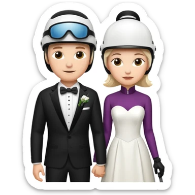 a recently marries couple skiing, ski helmet on in wedding dress and tux sticker