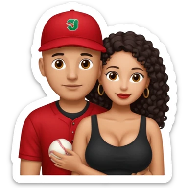 A picture of an embracing tanned couple. the man is a Mexican man with tanned skin, with a bald hair cut wearing a red baseball hat and wearing a black shirt. the woman is mixed, with glasses,  with long curly dark brown hair and with big boobs. Remove the glasses from the guy sticker