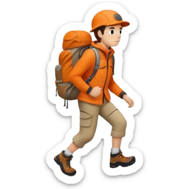 Hiker in orange jacket with backpack climbing mountain trail, minimalist design sticker