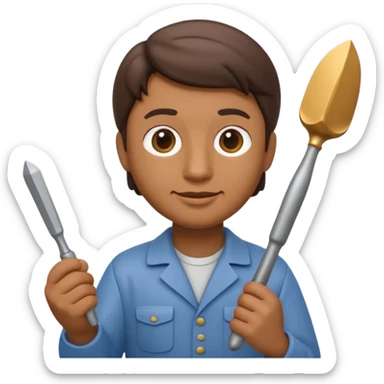 Apple Memoji-style 3D emoji of a sculptor with a small statue and chisel, smooth gradients, rounded edges, no background. sticker