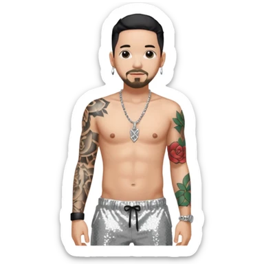 Mike Shinoda with silver sequin baggy pants, shirtless with necklace sticker