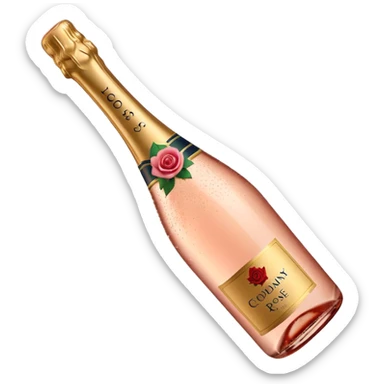 bottle of sparkling rosé champagne with a rose logo on the label, with the cork popping out from the top, tilted up and to the left, no glass sticker