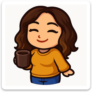 Sticker style chibi emote, matching the attached green heart emote as a base, but with a slightly skinnier body and a bigger chest. Woman from reference, yellow sweater and blue jeans, holding a coffee mug, cute cozy face, no headband, no wand, no green heart, transparent background. Top color should not match jeans. sticker