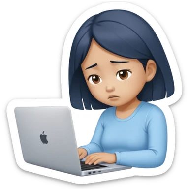 Create an emoji of a tired girl of Asian descent in a baby blue top, sitting at a laptop, looking exhausted and frustrated. They have slouched posture, representing overwork and burnout. sticker