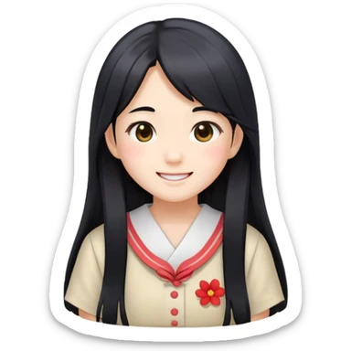 Happy Japanese schoolgirl with long black hair and blushing face sticker