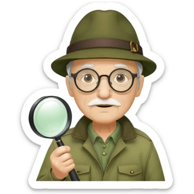old man in beige moss green explorer outfit, wear black glass, hat, holding magnifying glass sticker