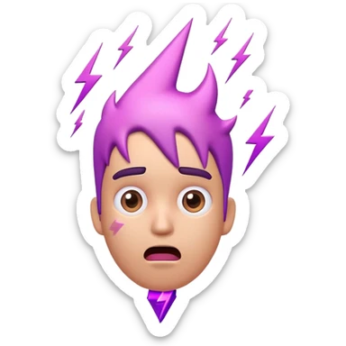 3D emoji of a confused character with lightning bolt and exclamation above head, purple/pink palette, worried face sticker