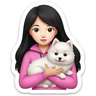 A black long hair asian pretty girl with a bright skintone and pink outfit holding a samoyed dog sticker