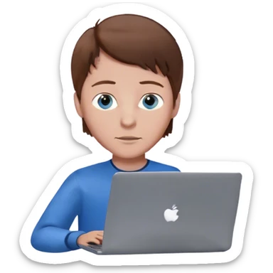 boy with brown hair and blue eyes on a laptop with a notch sticker