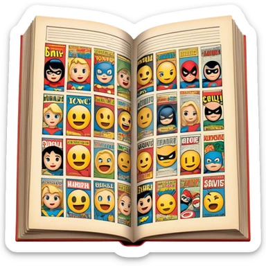 detailed and vintage-inspired emoji representing comic magazines and graphic novels as a storytelling art form. a large, open comic magazine with pages filled with classic American comic book panels. classic feel of old-school comic books a graphic novel. background transparent. No smiles! sticker