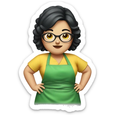 chubby lady with black hair green apron  with glasses cooking  sticker