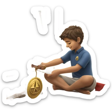 boy puts medal on his sailing boat sticker