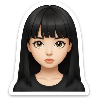 ios 18 emoji girl with medium long black hair with bangs,hazel eyes, slim, has a black top on  sticker