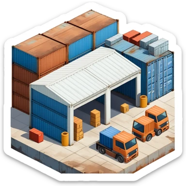 Isometric industrial warehouse with shipping containers outside and loading bay sticker