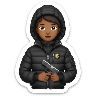 african american wearing a black puffer jacket with the hood on and holding a glock 26 sticker