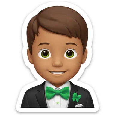 baby cute boy 5 years old, brown hair in suit, with green bow, smile sticker