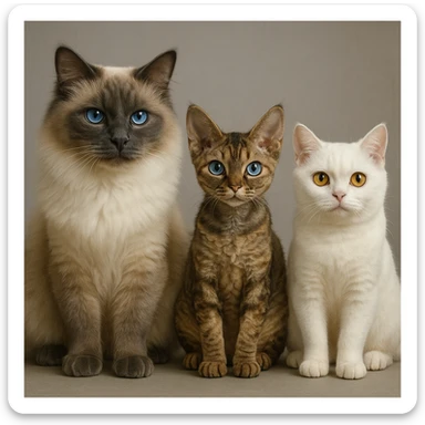 Three cats side by side: left is a large blue point Birman male with blue eyes, center is a petite brown tabby Devon Rex female with pale blue eyes, right is a small white British Shorthair female with yellow eyes. sticker