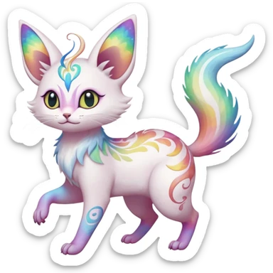 Pure-snow-White albino iridescent with pastel rainbow-gradients-color-markings with swirly patterns butterflies  faerie-Noivern-Noibat-Purloin-Torracat-Lykoi-Caracal-cat-Fakemon-fusion-hybrid-creature-jumping sticker