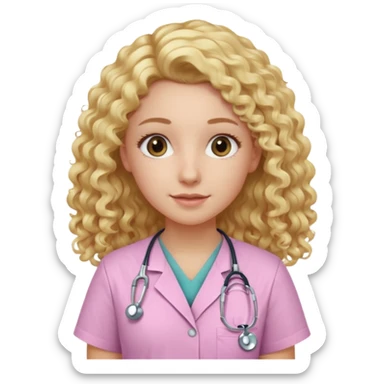 Apple-style emoji of a young woman with long, soft blonde curly hair, wearing light pink medical scrubs

 sticker