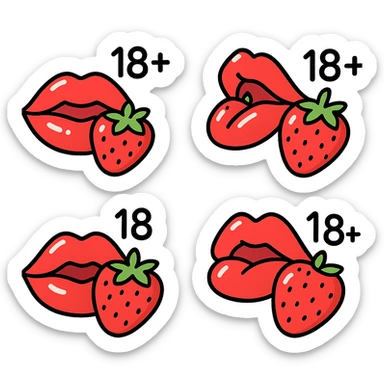 vector-style drawing of juicy red lips holding a strawberry with '18+' text next to or above the lips, smooth rounded forms, expressive shadows and highlights for a glossy look, several variations of lips and strawberry placement sticker