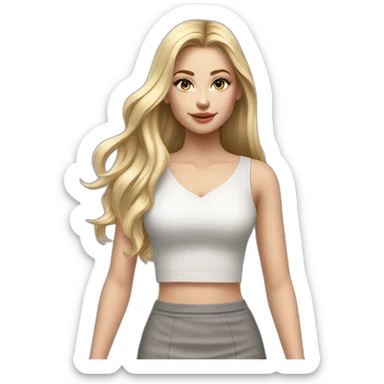 hyperrealist caucasian girl, long straight blonde hair, white v-neck laced crop top, grey mini pencil skirt sticker