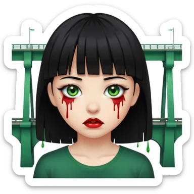 Guria com cabelo preto franjinha sangrando olhos verdes  fundo preto e um piercing bridgepiercing sticker
