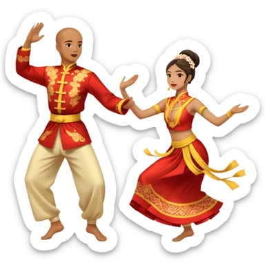 Cinematic Realistic scene of two performers executing a traditional Vietnamese folk dance, adorned in intricately patterned traditional costumes, captured in fluid motion with soft, culturally rich lighting sticker