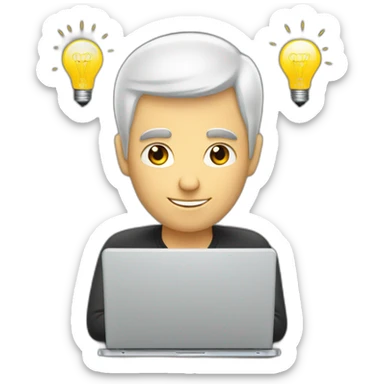 A white man with short, buzzed, black hair working on a laptop with a lightbulb above his head sticker