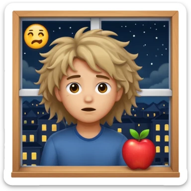 tired student with laptop, window at night behind, messy hair, apple style emoji sticker