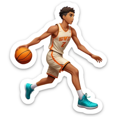 Cinematic Realistic image of a basketball captured in dynamic motion, with detailed surface textures and a slight motion blur, set against a vibrant urban backdrop with energetic lighting sticker