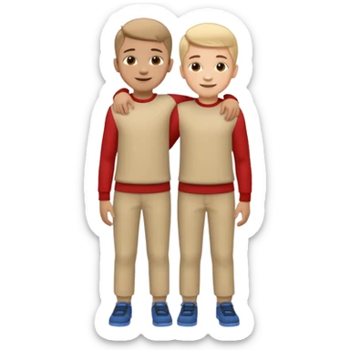 Two cartoon-style 2 boys with similar features, arms around each other's shoulders, smiling, matching outfits, standing close, white background, emoji style sticker