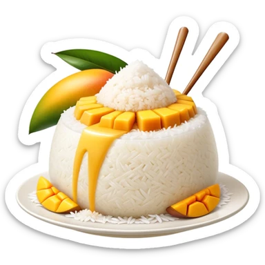 cinematic-realistic-mango-sticky-rice-dessert-emoji,-showcasing-sweet-sticky-rice out of a mould-paired-with-ripe-mango-slices-and-coconut-milk-rendered-with-lifelike-detail-and-warm,-inviting-lighting with the coconut  milk over the rice sticker
