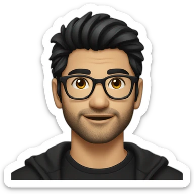 North Indian white fair skinned male with glasses and black hair combed in front a bit like zayn wearing a black tshirt and black overcoat sticker