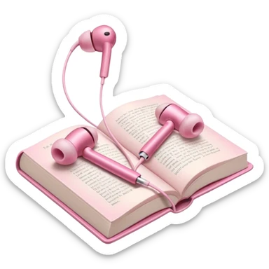  pink Pink Apple-style earbuds lying on an open book, soft pastel tones, cozy and minimal aesthetic, realistic lighting and shadows, top-down view, transparent background" sticker