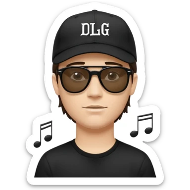 Emoji of a white man with short dark brown hair under a black baseball cap, wearing a black t‑shirt and 1980s‑style black Ray‑Ban rectangle sunglasses black lenses, with black musical notes floating around his head,  word "DLG" written on the hat sticker
