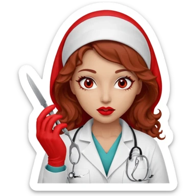 Scary woman scalpel in hand, evil surgeon sexy surgeon clothes.  She has red eyes. Her  brown long curly hair. Wears sexy doctor outfit with red gloves. make her hair free and brown but she  wear mouth cover   to hide. Wears white surgeon jacket and hijab cover lips  sticker