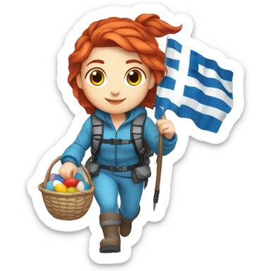 Female winter mountaineer red hair white skin climbing with Greek Flag and Easter eggs basket sticker