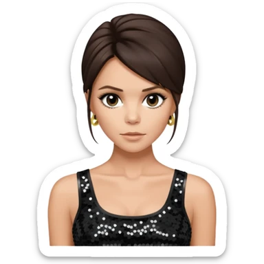 Victoria Beckham with dark brown hair, black sequin crop top sticker