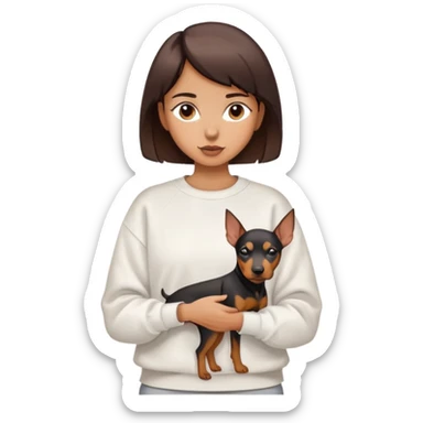 A short-haired girl in a white sweatshirt holding a Doberman sticker
