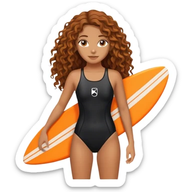 Surfer girl with black swimsuit and orange surfboard and long curly hair sticker
