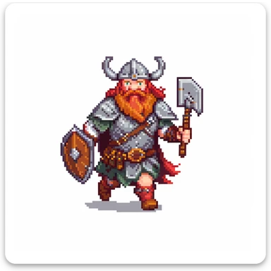 pixel art ginger viking with red beard and armor, running animation frame 1, legs wide apart sticker