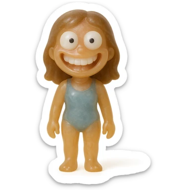 Edit the image of a beach girl to look happy and derpy with a big smile and very derpy, oversized white eyes with small black pupils looking in different directions. She should be very transparent, wearing a simple blue one-piece swimsuit, standing in a neutral pose, much smaller in the frame so her entire body is visible with no cropping. The style should resemble a retro 90's toy style: very transparent, slightly see-through, natural tan skin, brown hair, soft plastic texture, soft reflections, soft and squishy, some cloudiness, not shiny, highly detailed, appealing, no tag, no background, and no suggestive details. sticker