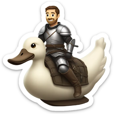 Confident armored White Man with dark brown hair and a short beard riding on the back of a giant armored duck sticker